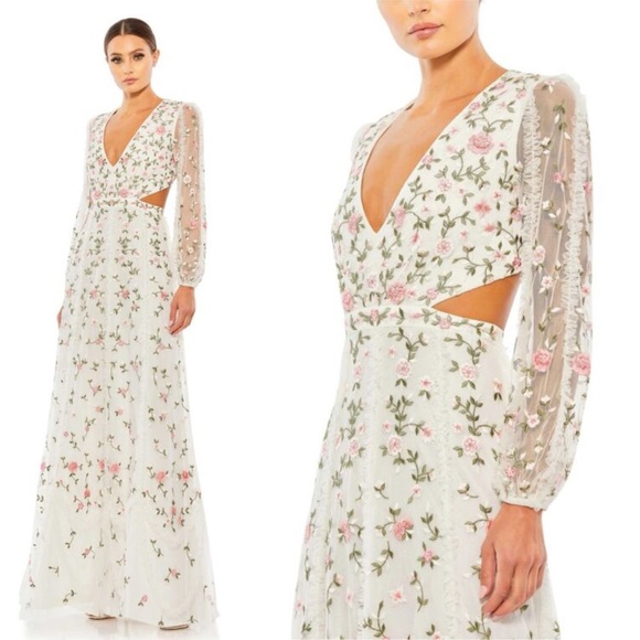 Mac Duggal Lace-Up Back Embroidered Long Illusion Sleeve Sheath Gown - 0 - Picture 2 of 4